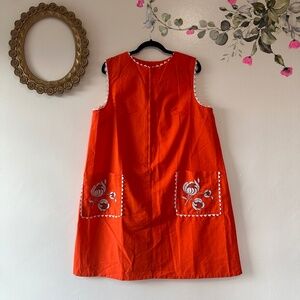 Vintage Orange Zip Front Sleeveless House Dress, Floral Embroidered Pockets, 1X